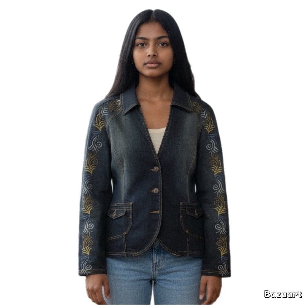 Boho Western Style Embroidered Denim Blazer Jacket Women’s 10